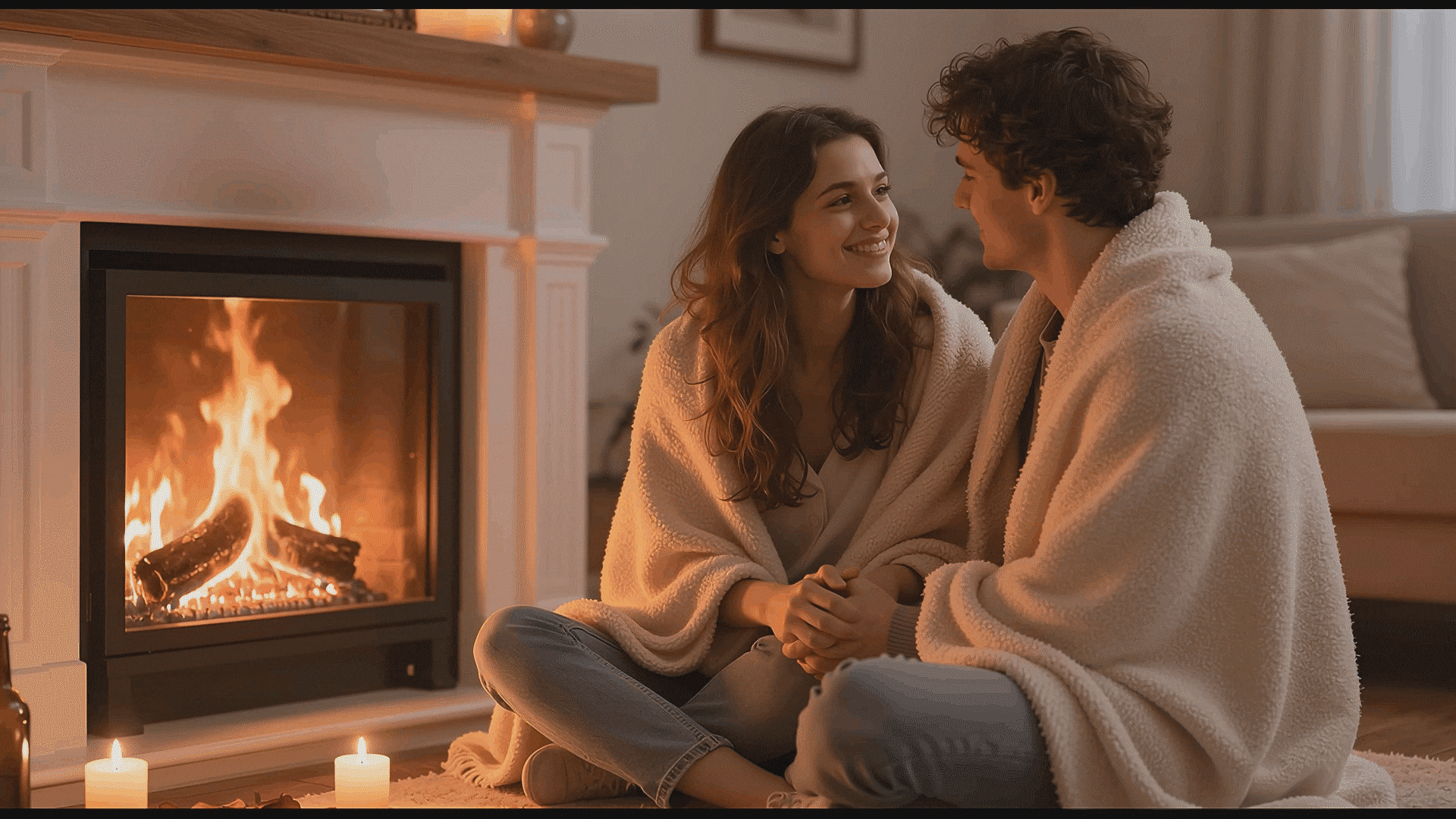 cozy couple by fireplace