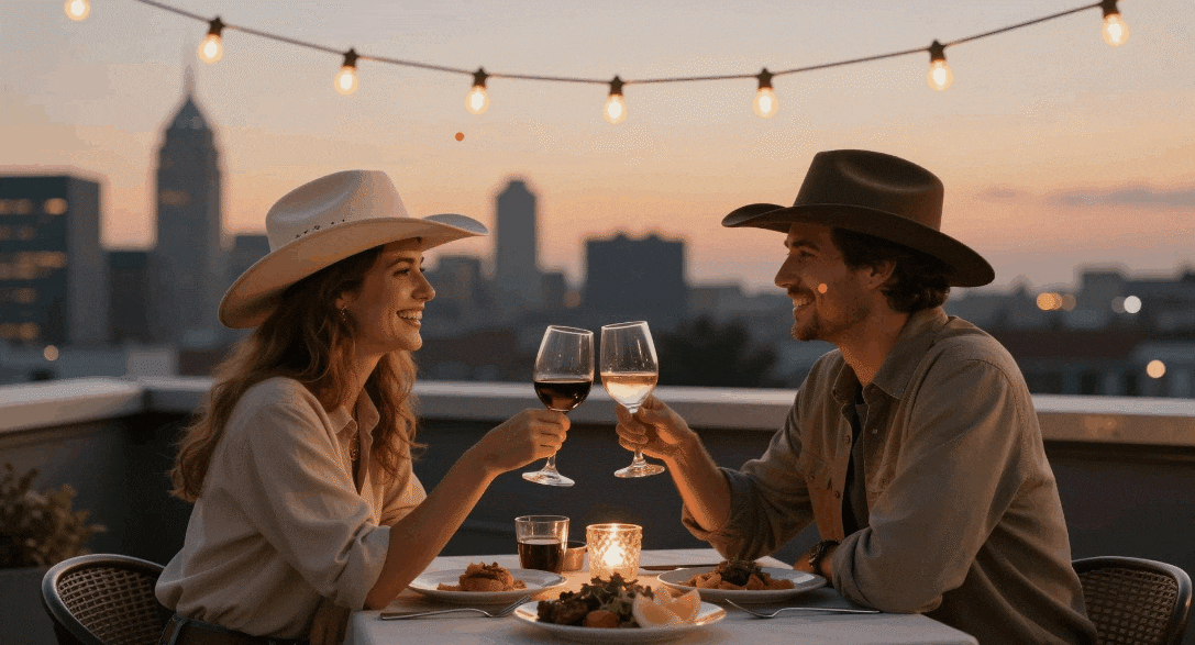 romantic couple rooftop dinner