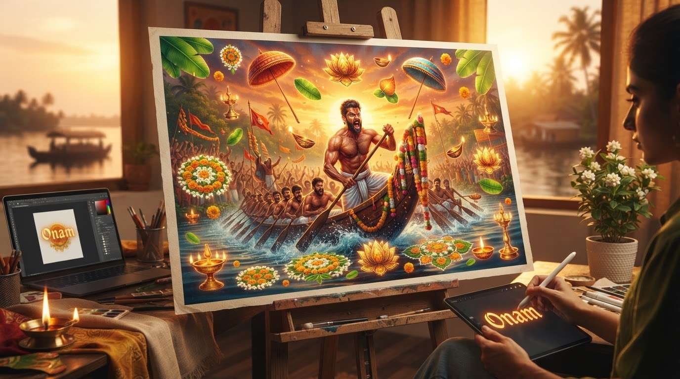 Add custom Onam AI stickers to snake boat race posters