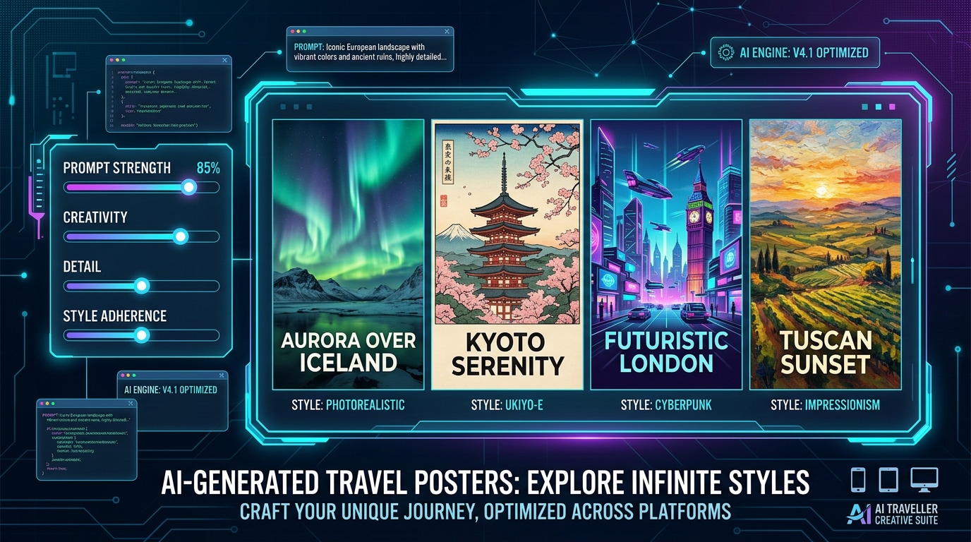 Use travel poster prompts for Midjourney and Gemini