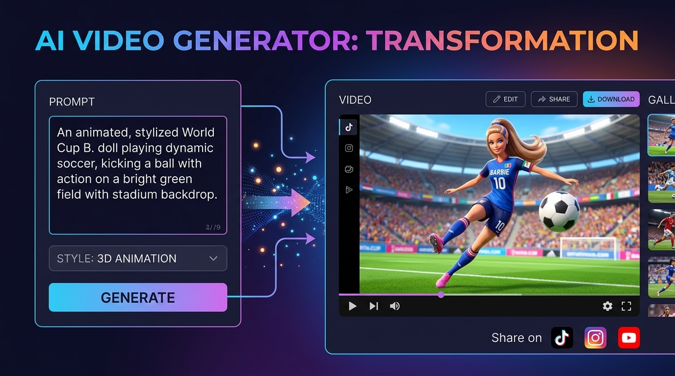 AI text to video conversion for world cup barbie