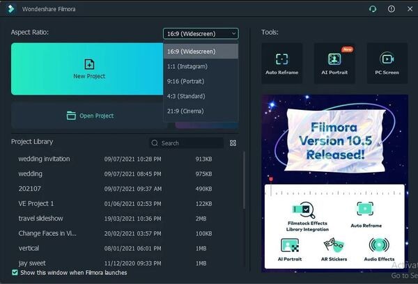 seleccionar relación de aspecto filmora