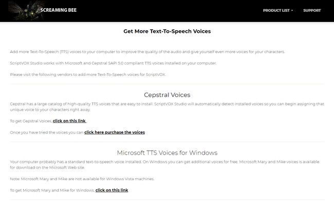 Página de descarga de voces de texto a voz