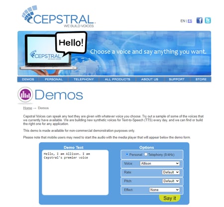 Cepstral Voices - Demo Voices Seite