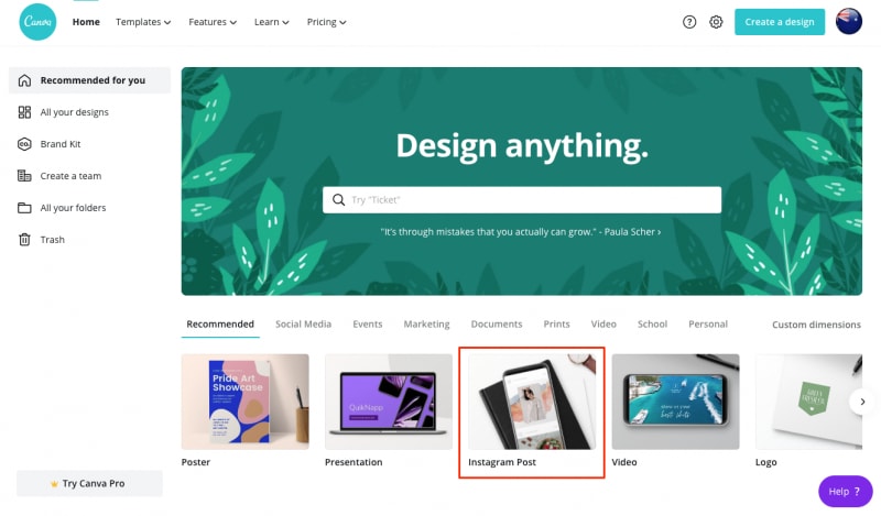 Canva home page 