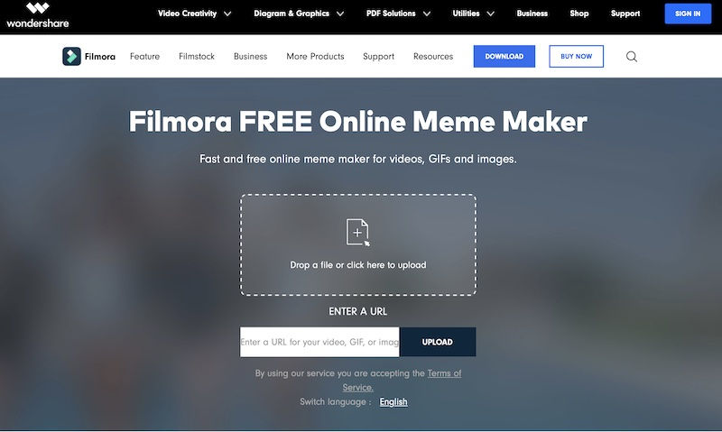 Wondershare Filmora Online Meme Maker web page