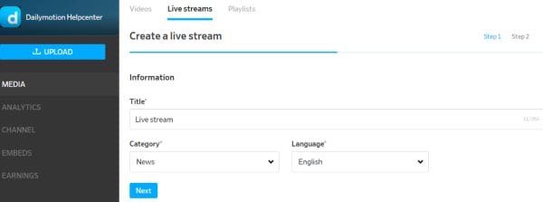 avviare lo streaming live su dailymotion