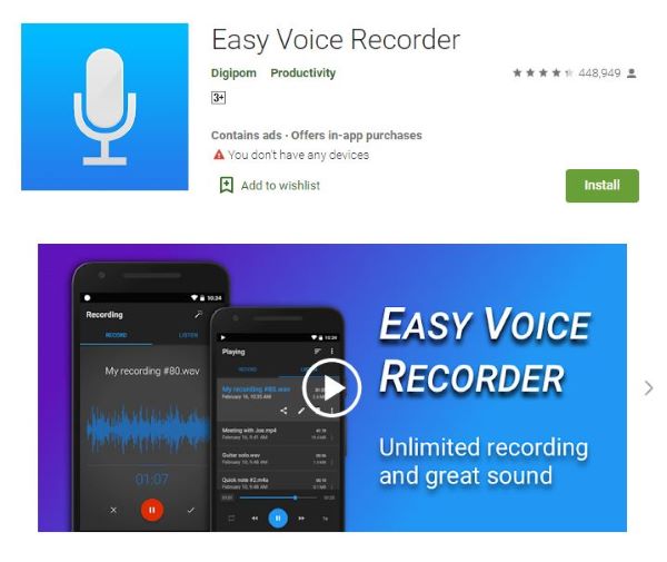 Easy Voice Recorder para teléfonos Android