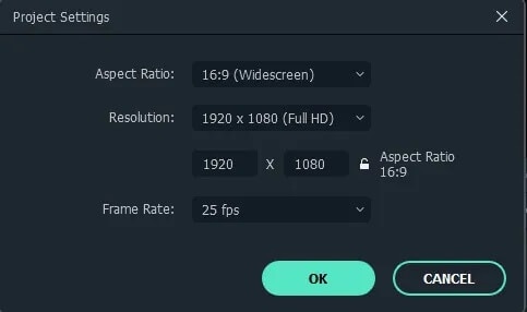 configuración de proyecto de filmora