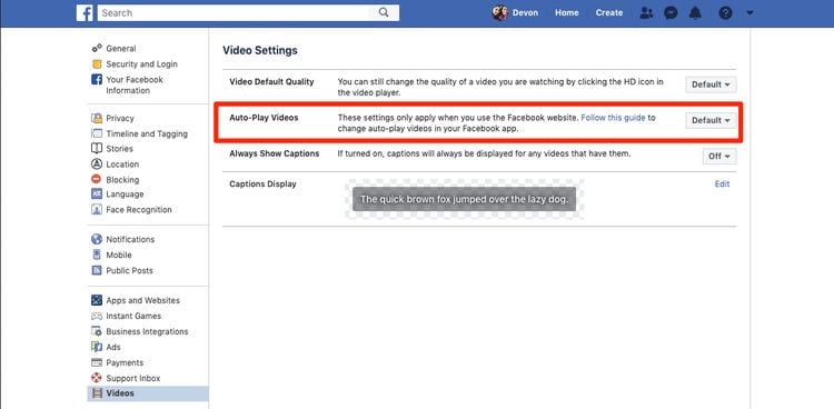 turn off autoplay videos on facebook