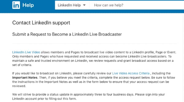 review linkedin live video criteria