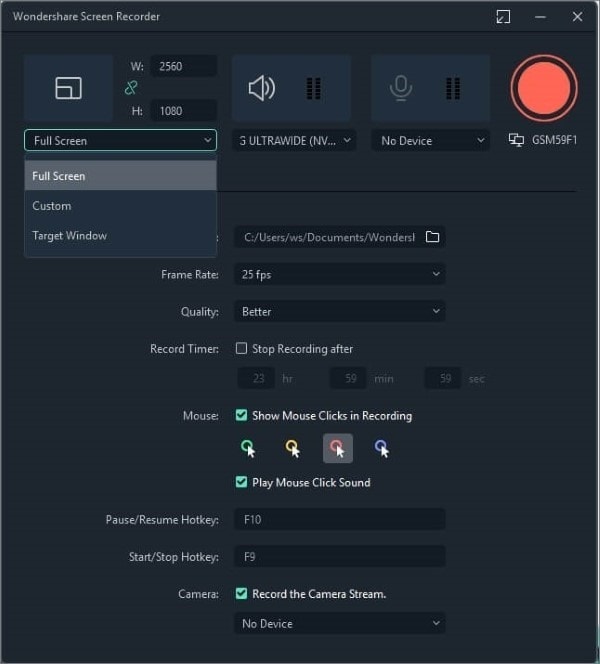 customize settings for filmora recorder