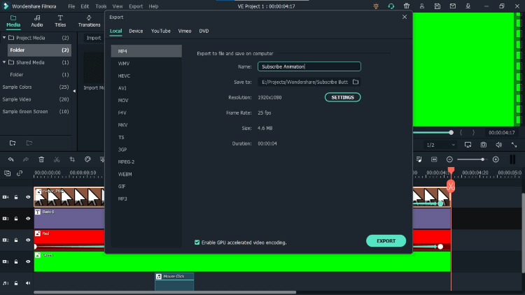 إعداد زر اشترك بشاشة خضراء باستخدام Filmora - تصدير الصورة المتحركة