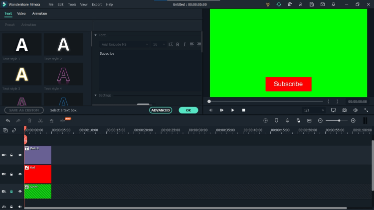 buat green screen subscribe dengan Filmora - tambahkan teks subscribe