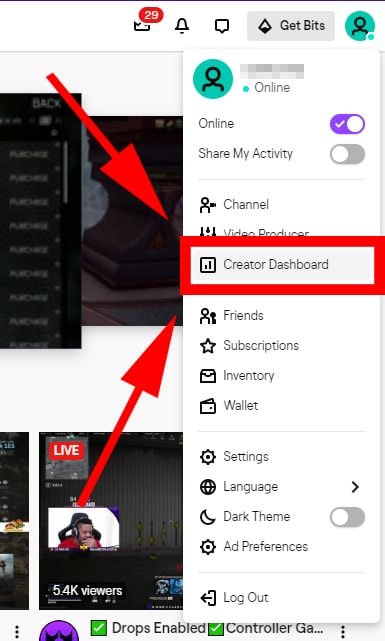 télécharger le stream twitch sur youtube - cliquer sur le tableau de dashboard du créateur