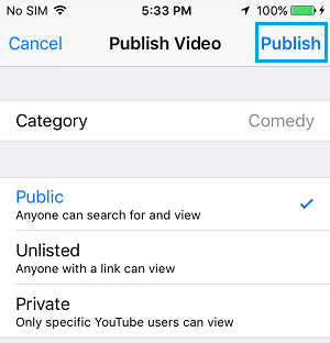 upload youtube video from iphone using Photo app - publish