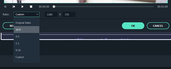 how to crop video for instagram using Filmora - set frame ratio