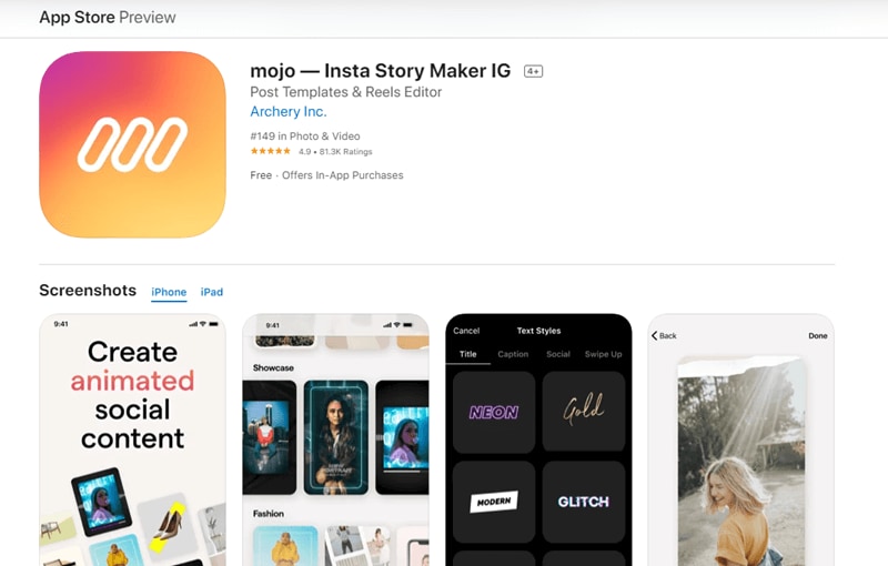 تطبيق Mojo لتصميم العروض التقديمية للصور في قصص Instagram