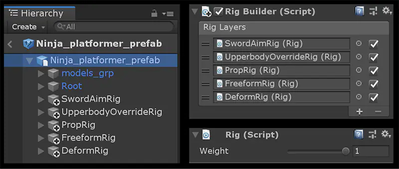 impostazione del rig builder di unity