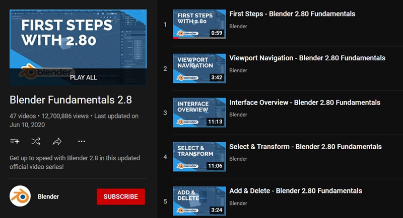 Blender Fundamentals on YouTube. By Blender