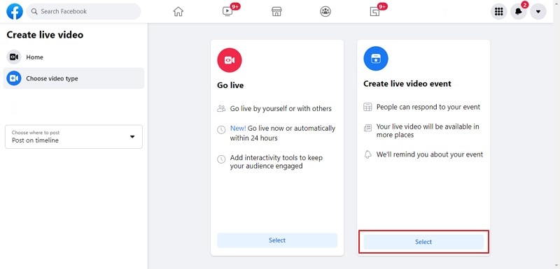 select create live video event feature