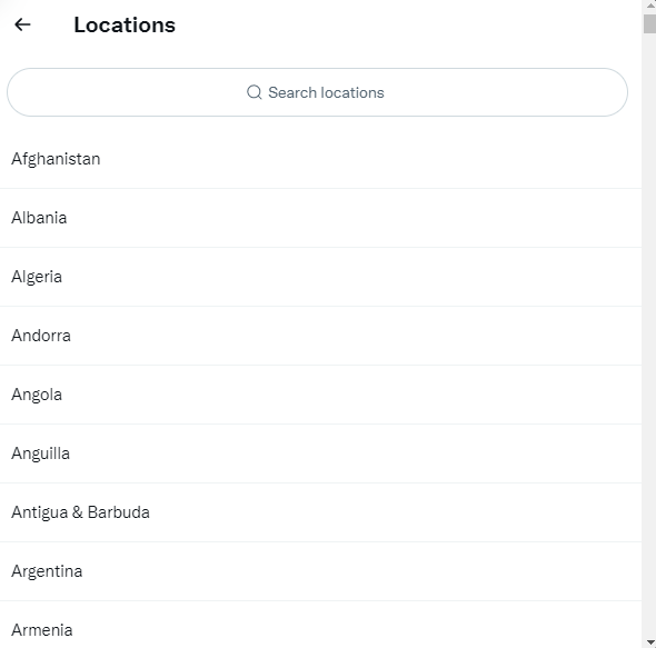 Type the country name to see its Twitter Trends