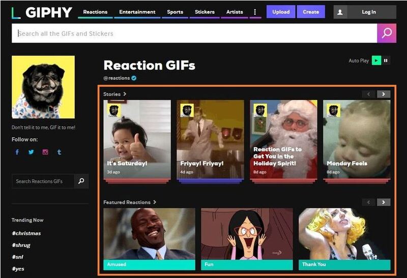 Offizielle Webseite von Giphy - Oberfläche für die Videoauswahl