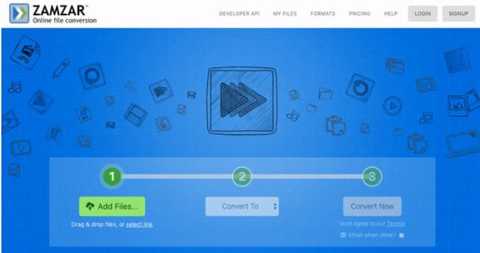 Ejemplos de diseño de GIF: página de inicio del sitio web de Zamzar