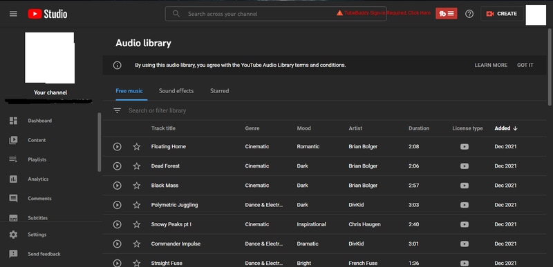 audio library at youtube creative studio
