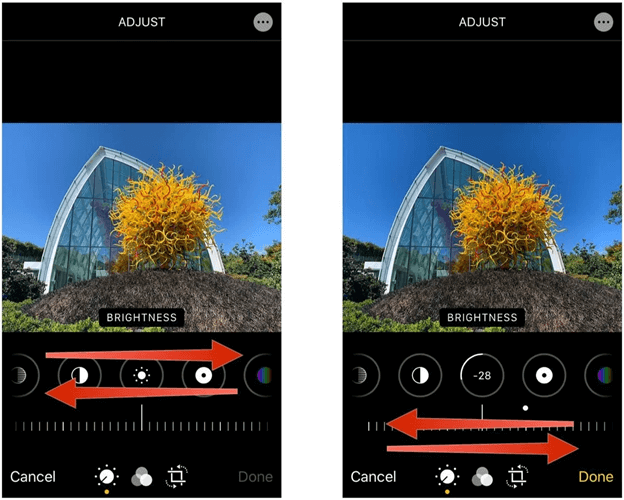 éclaircir une vidéo sur iphone avec album photo - faites glisser la molette pour régler la luminosité