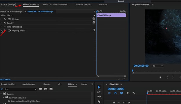 осветить темное видео в Premiere Pro — перейдите на вкладку управления эффектами