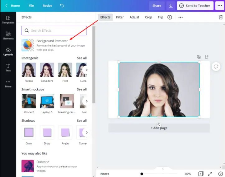 Herramienta de diseño gráfico Canva: interfaz de eliminación de fondo