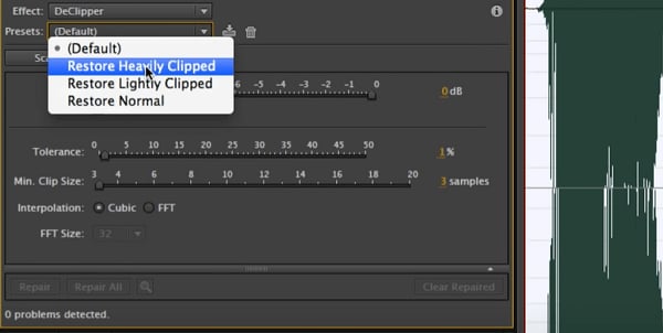 how to remove audio distortion using Audition - select Heavily Clipped Option