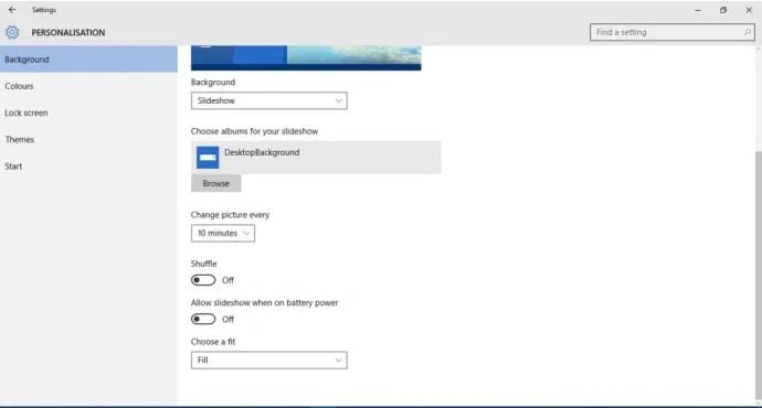 Configuração de uma imagem de desktop Slideshow- Slideshow Options Interface