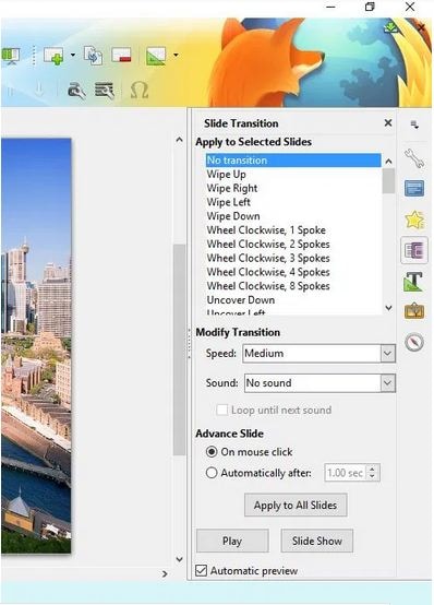 Einrichten einer LibreOffice Impress Bilder Slideshow - Hinzufügen von Übergangseffekten
