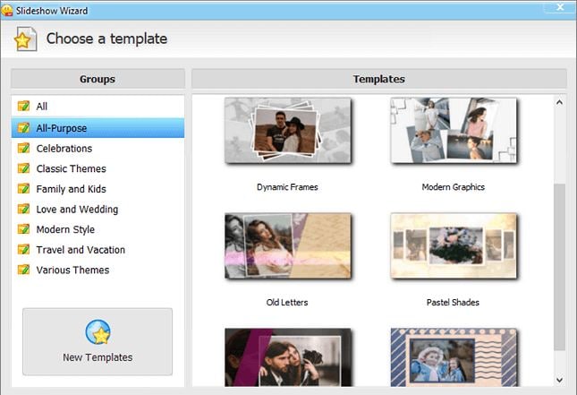 SmartSHOW DVD Slideshow Builder- Selección de plantillas e interfaz de edición