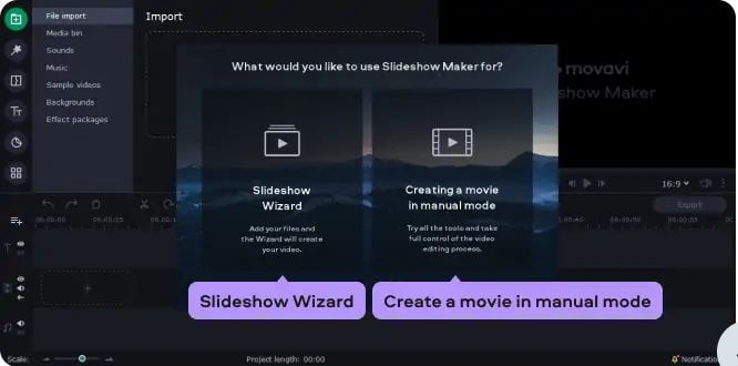 Erstellen einer Video Slideshow auf Mac in Movavi - Auswahl des Arbeitsmodus
        Oberfläche