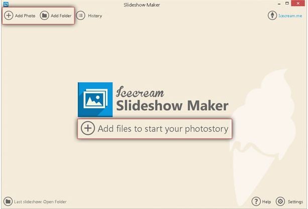 Icecream Slideshow Maker - Oberfläche zur Medienauswahl