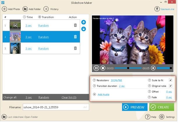 Icecream Slideshow Maker - Risoluzione multimediale, rapporto d'aspetto e impostazioni audio