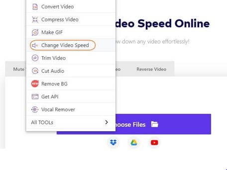 Beschleunigung von TikTok-Videos mit dem Wondershare Online UniConverter - Starten
        des "Videogeschwindigkeit ändern"-Tools