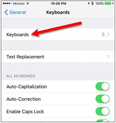 Adding Emojis to iPhone Via SwiftKey Keyboard- Choosing the 'Keyboards'
        Option