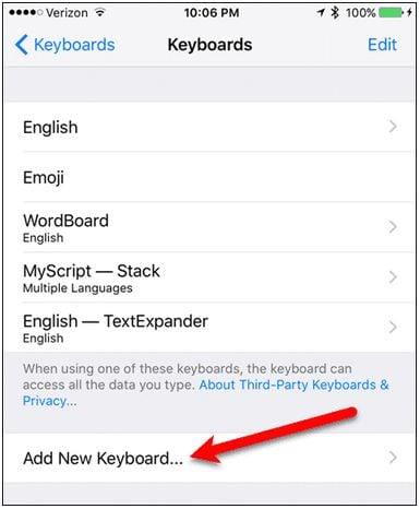 Hinzufügen von Emojis zum iPhone über die SwiftKey-Tastatur - Option Neue Tastatur hinzufügen
  