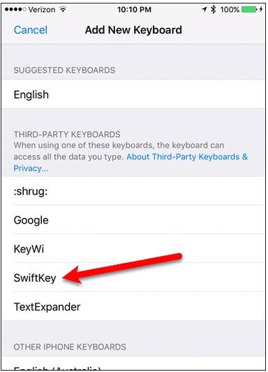 Adding Emojis to iPhone Via SwiftKey Keyboard- Selecting the 'SwiftKey'
        Option
