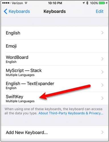 Adding Emojis to iPhone Via SwiftKey Keyboard- Selecting the 'SwiftKey'
        Keyboard