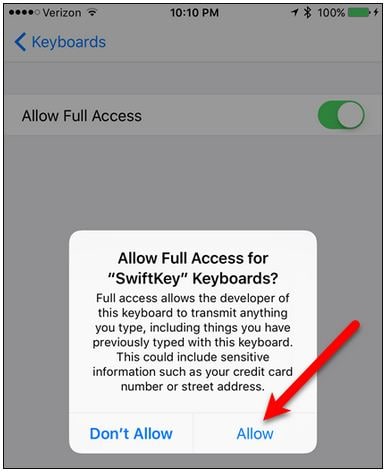 Hinzufügen von Emojis zum iPhone über die SwiftKey-Tastatur - Dialogfeld App-Berechtigungen
   