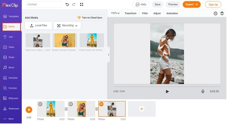 FlexClip Instagram Slideshow Creator- واجهة تحميل الوسائط