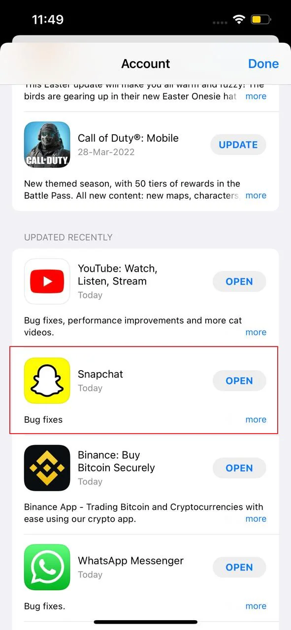 application snapchat mise à jour