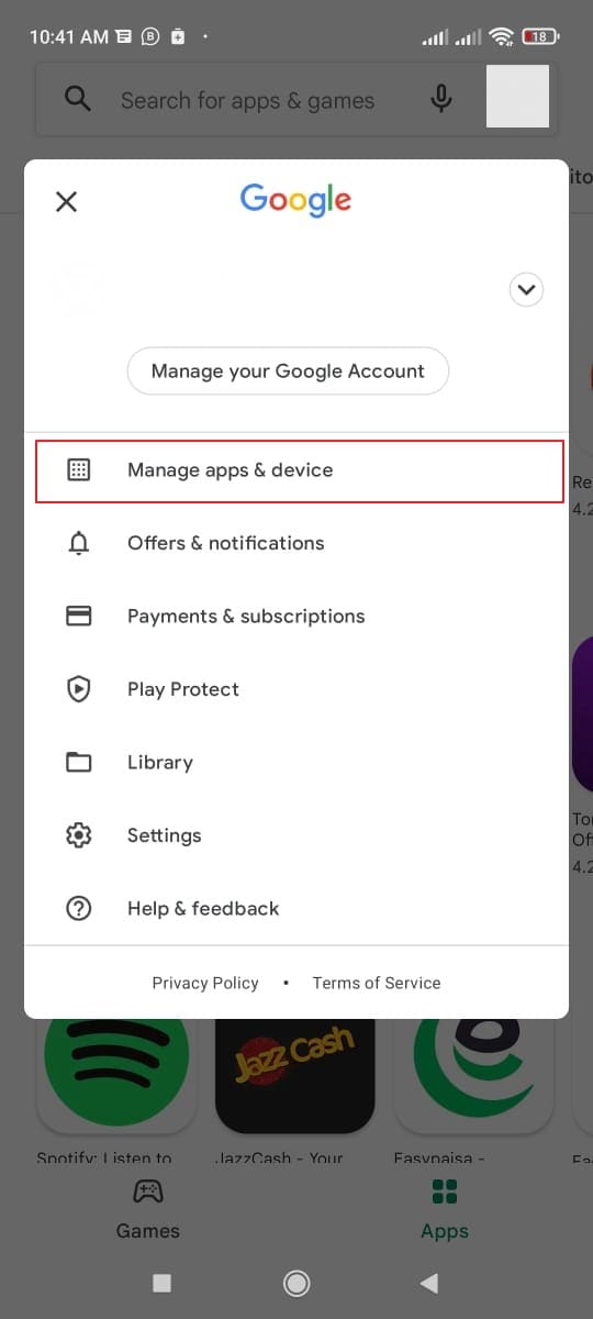 tap on manage apps and device