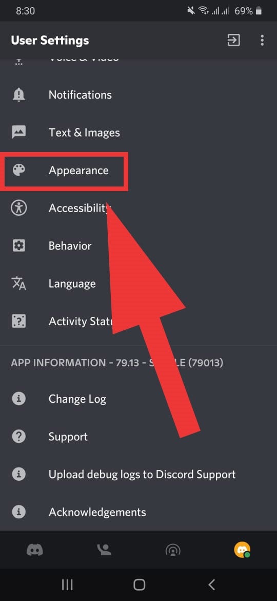 click on appearance option
