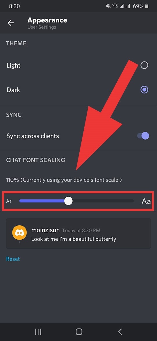 use slider to change font size